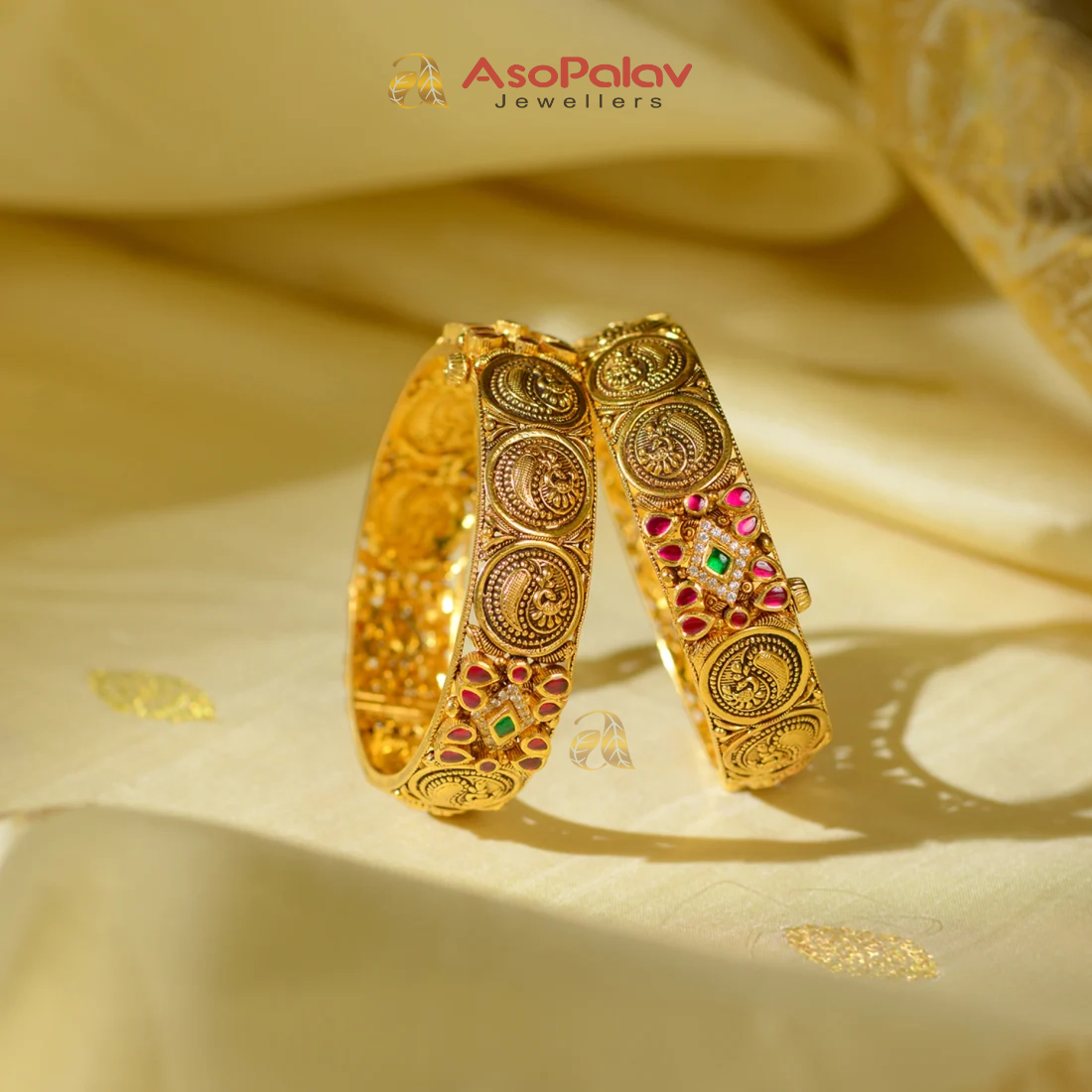 22K Hallmarked Peacock Ruby Emerald Gold Bangles for Bridal & Traditional Wear